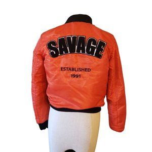 WT02 Savage Bomber Jacket‎ size Small Orange Savage fuzzy 3d Spell Out